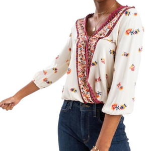 BLUE RAIN Blouse Surplice Boho Floral Creamy White Burgundy Trim Women Size S